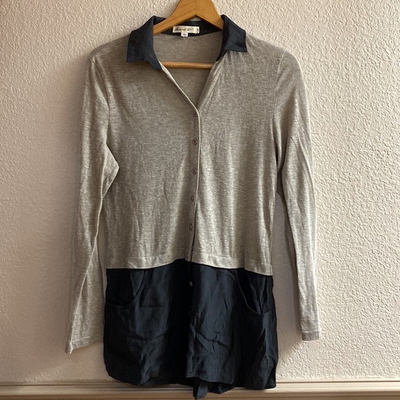 ANTHROPOLOGIE Comme Toi tan and olive green button front Tunic top - Picture 1 of 7